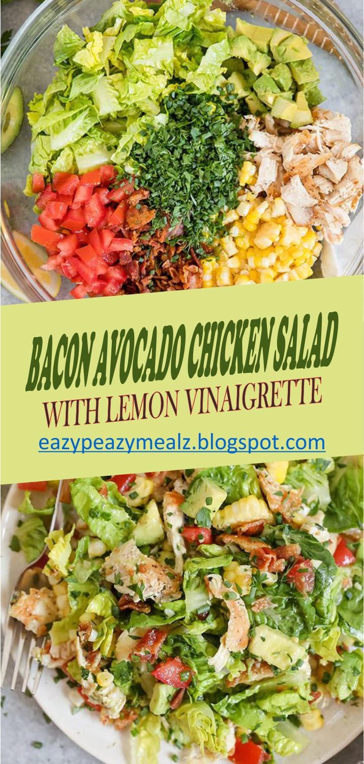 Everyone loves this Bacon Avocado Chicken Salad with Lemon Vinaigrette! Loads of veggies, crispy bacon and creamy avocado make the perfect base for the healthy salad dressing