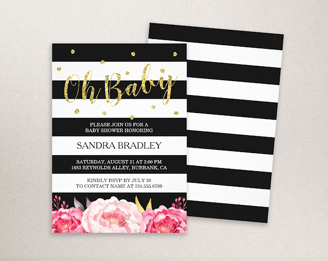  Oh Baby Shower Gold Glitter Dots Floral Stripes Card