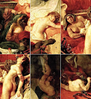 The Death of Sardanapalus by Delacroix reveals six different woman postures on painting, dedicated to the Naiads of Rubens.