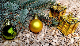Several shiny ornaments with some pine branches on wood chips.