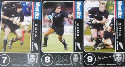 Weetbix Cards 2004 All Blacks Justin Richie McCaw, Rodney So'oialo and Justin Marshall Cards