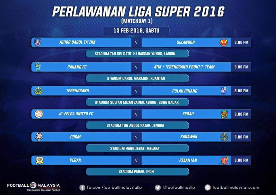 Jadual Penuh Perlawanan Liga Super 2016
