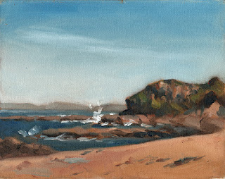 Oil painting of a rocky headland with waves splashing on rocks.