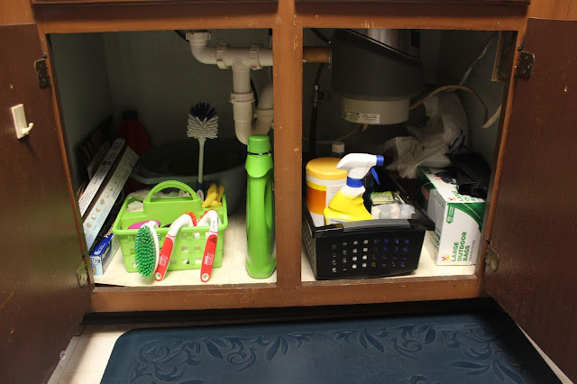 an organized tidy under sink area with products in bins and baskets