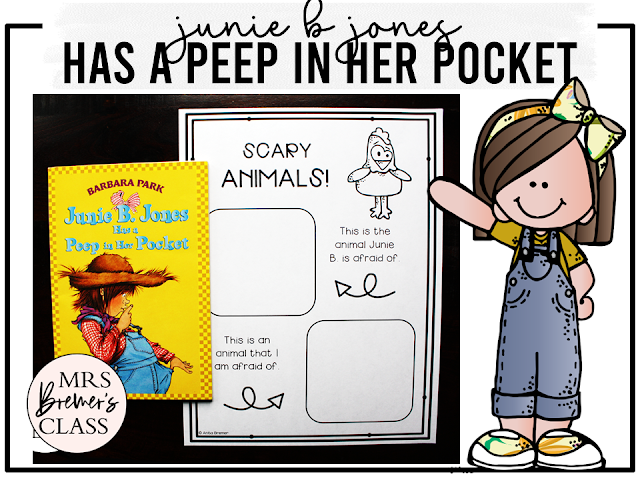 Junie B Jones Has a Peep in Her Pocket book study activities unit with literacy printables, book companion activities, reading comprehension worksheets, and lesson ideas for First Grade and Second Grade