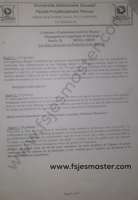 Exemple Concours Master Management Logistique et Stratégie - Fp Tétouan