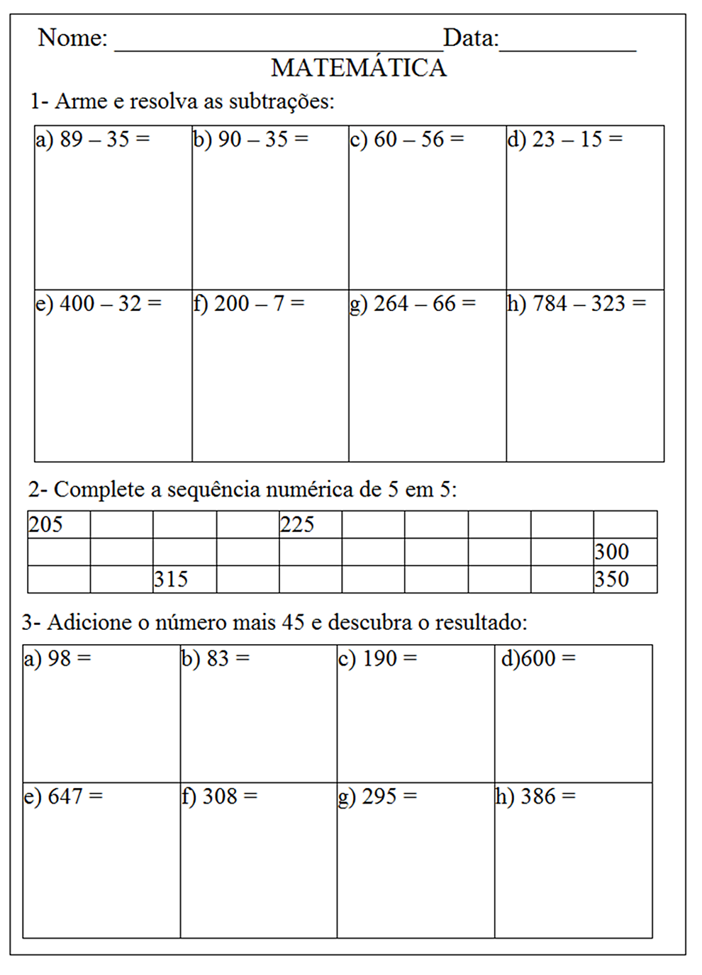 Atividades de matemática para imprimir 5 ano