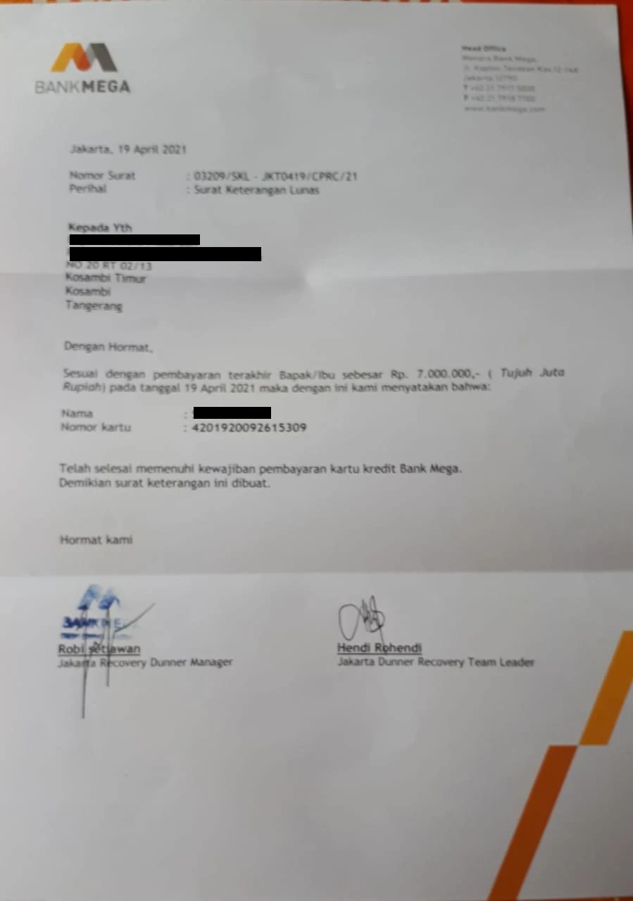 Surat Keterangan Lunas Bank Mega - Mediasi LBMN 1161