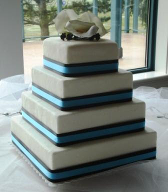 Fourlayered wedding cake With a white base color which is then decorated