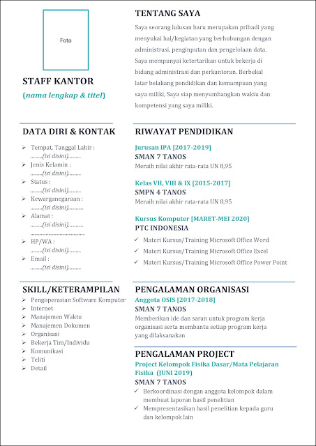 contoh daftar riwayat hidup Staff Kantor lulusan SMA/SMK/MA/sederajat untuk fresh graduate