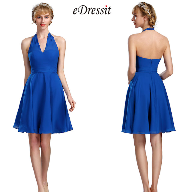 Halter Electric Blue Chiffon Velvet Short Dress