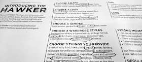 A sheet of paper labeled "Introducing the Hawker" with various lists of options for players to choose from, some already circled.