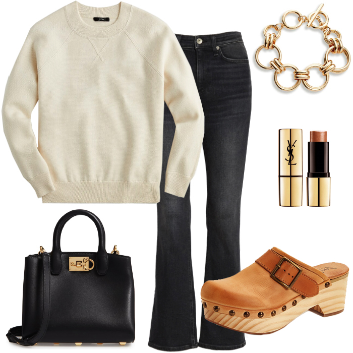 clogs, fall shoe trends 2022, flare jeans, fall outfit