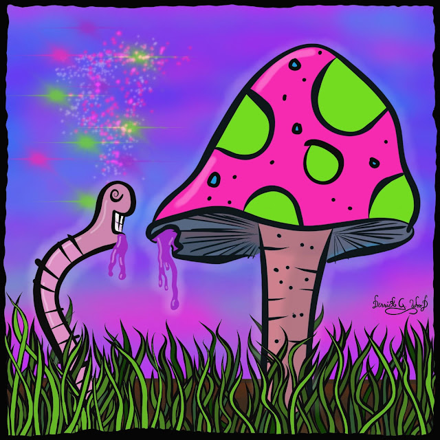 a trippy worm eating neon jelly from a psychedelic mushroom with fluorescent purple sky