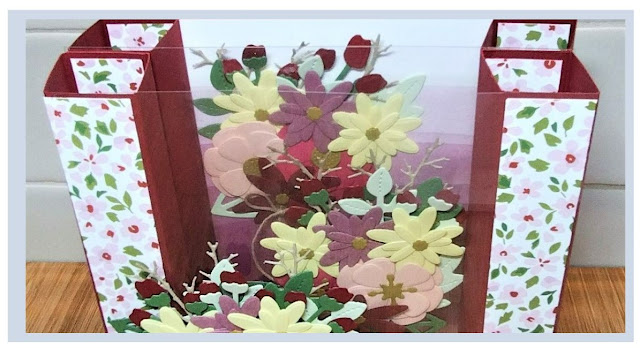Rhapsody in craft,#rhapsodyincraft, #colourcreationsbloghop,Cherry Cobbleer, Fun Fold, Fancy Fold, Collapsible Pillar Card, Birthday Card, Delightfully Eclectic DSP, Bright and Beautiful DSP, Paper Florist Dies, Seasonal Branches Dies, Season Branches, #loveitchopit, Art with Heart, Stampin' Up