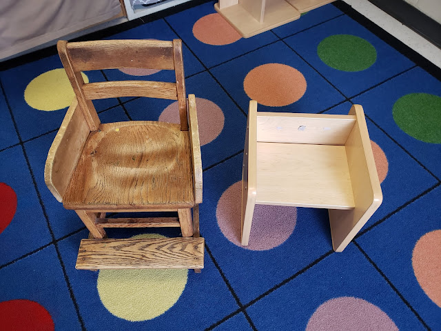 Photo of two specialized chairs, one with a foot rest and one box chair