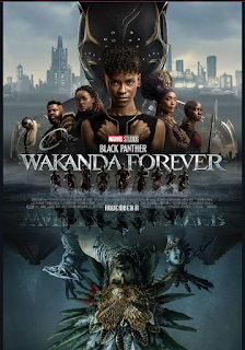 Wakanda Forever poster, shows Shuri with her arms crossed in the Wakanda salute, with her mother, M'Baku, Okoye, and Riri. On the reverse of the poster is Namor, Attuma and Namorita in the water looking up.