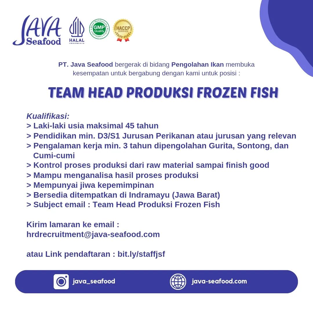 Lowongan Kerja Team Head Produksi Frozen Fish PT. Java Seafood Indramayu