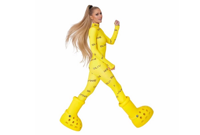 Paris Hilton Wearing MSCHF x Crocs Big Yellow Boots