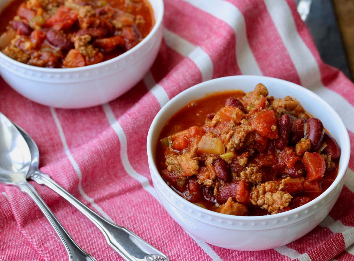 Two bowls of Chiliville Chili.