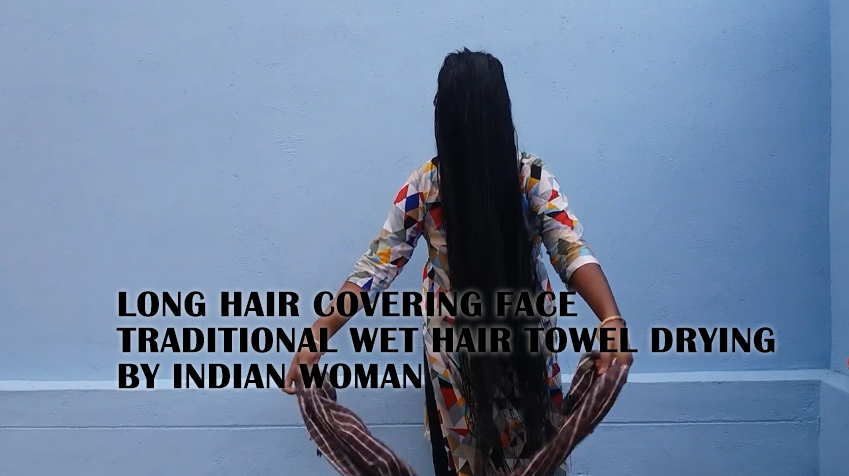 Long Hair Covering Face Traditional Wet Hair Towel Drying By Indian Woman