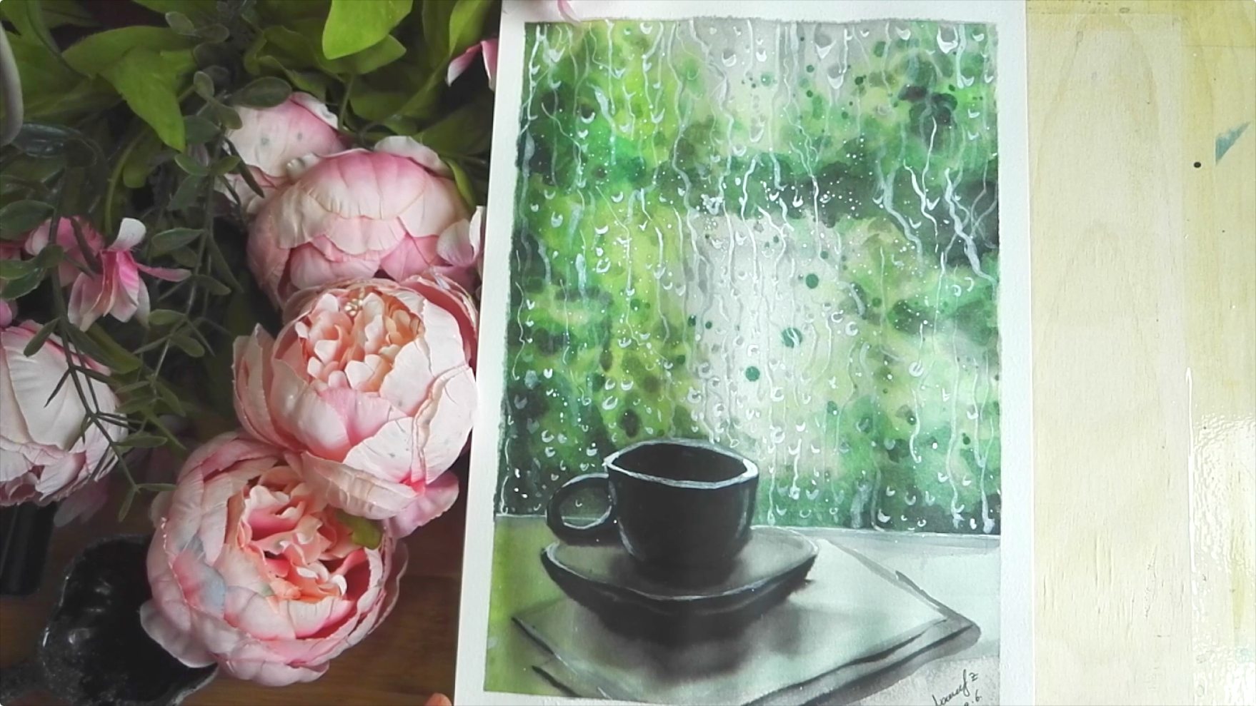 Watercolor Coffee And Rain Outside The Window Step By Step Tutorial Hiart