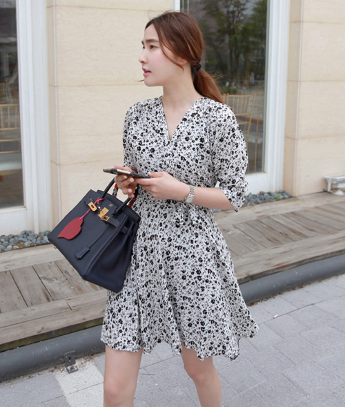 Floral Surplice Neck Belted Dress