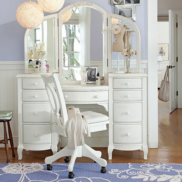 white vanity dressing table set with big mirror and chair