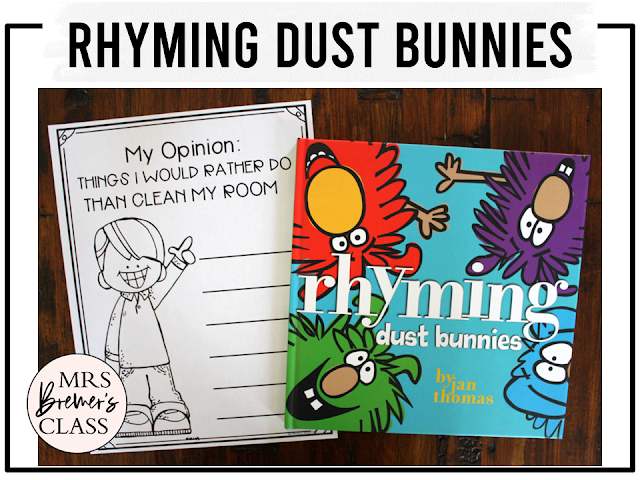 Rhyming Dust Bunnies book activities unit with literacy printables, reading companion worksheets, lesson ideas, and a craft for Kindergarten and First Grade