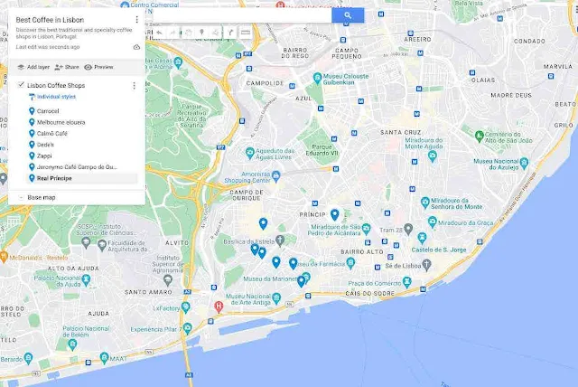 Map of the best Lisbon coffee shops