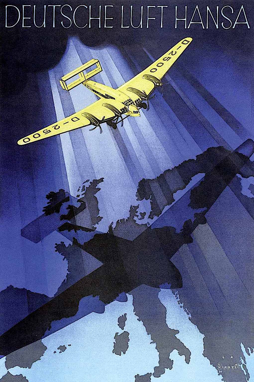 a Jupp Wiertz poster for Luft Hansa airline, a passenger plane flying over Europe