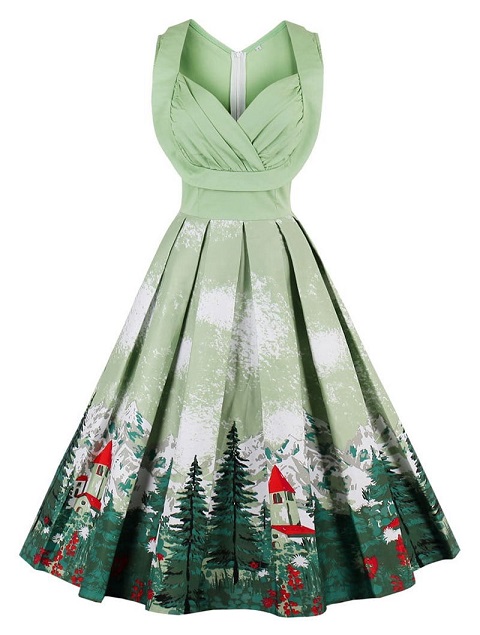  2019 Vintage Forest Print Ruched Pin Up Dress