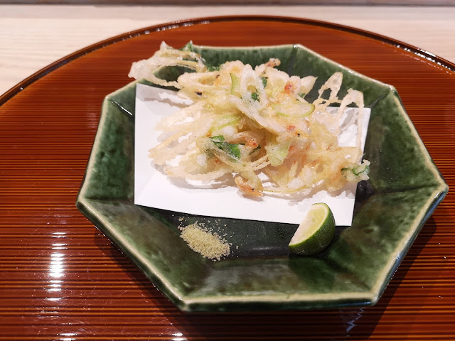 Sakura Ebi with Japanese Leek (Ashitaba) with Matcha Salt and Japanese Lime
