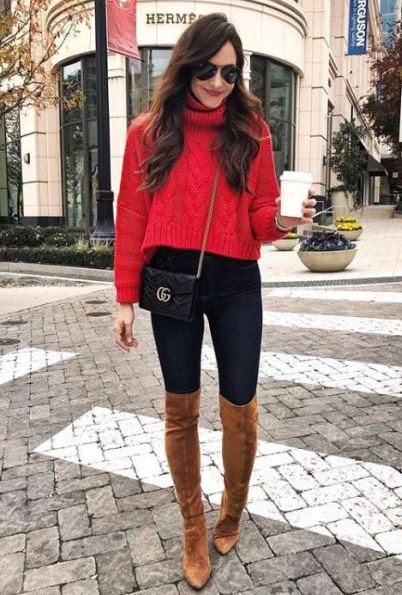 how to wear a red sweater : crossbody bag + black skinnies + brown boots