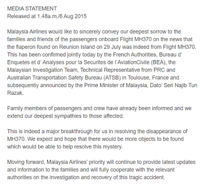 Terkini #MH370 : Serpihan Sayap Sah Milik MH370