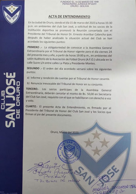 Asamblea de Socios del Club San Jose de Oruro el 24 de marzo