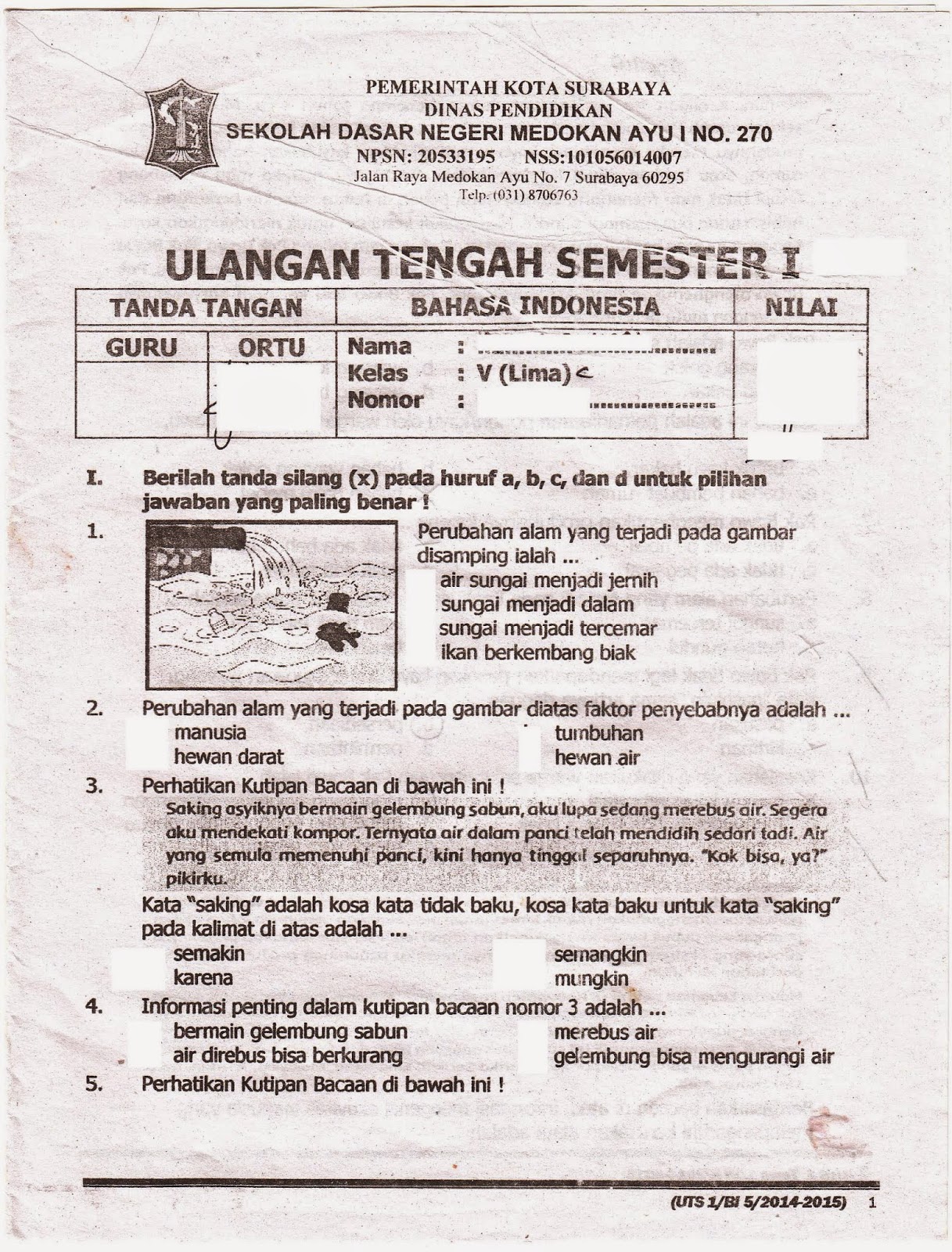 UTS Ke 1 Bahasa Indonesia Kelas 5 SD TA 2014 2015 Kurikulum 2013 Halaman 1