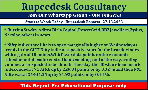 Stock to Watch Today - Rupeedesk Reports - 27.12.2023