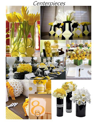 Stylist Events Blog and these great yellow black white centerpieces