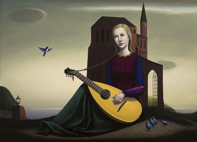 John Tarahteeff art paintings - "Open Notes" - mujer tocando guitarra y aves