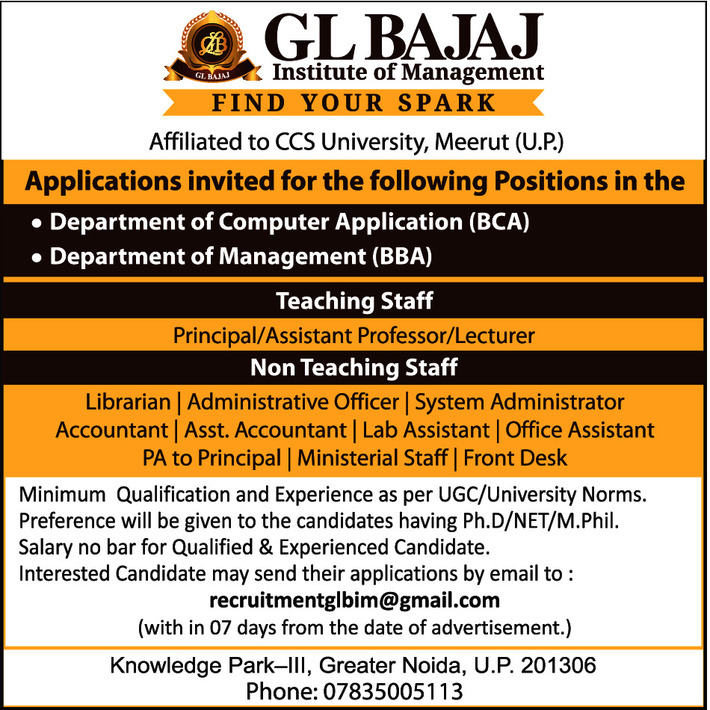 Recruitment for the Post of Librarian at GL Bajaj Institute of Management 