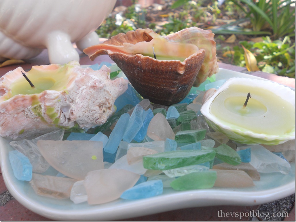 sea glass, shell, candle