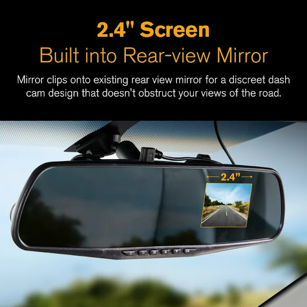 720P Mirror Roadcam, Add-on Rear View Mirror and HD Dash Cam 2-in-1, 2.4-inch LCD Monitor