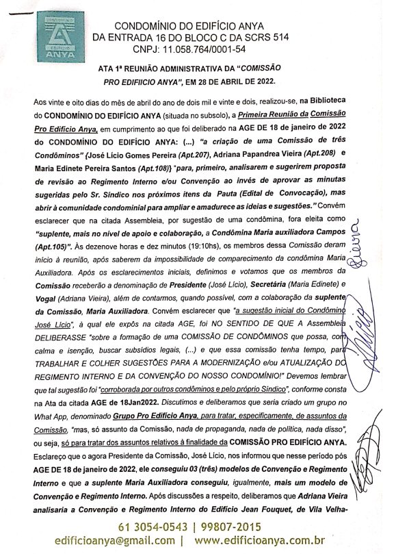 ATA 1ª REUNIÃO ADMINISTRATIVA DA “COMISSÃO PRO EDIFIICIO ANYA