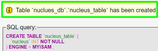 successfully created database and table needed for nucleus cms installation