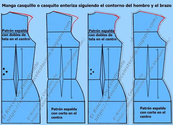 Espalda de blusa larga o vestido con manga casquillo enteriza siguiendo contorno de hombro y brazo