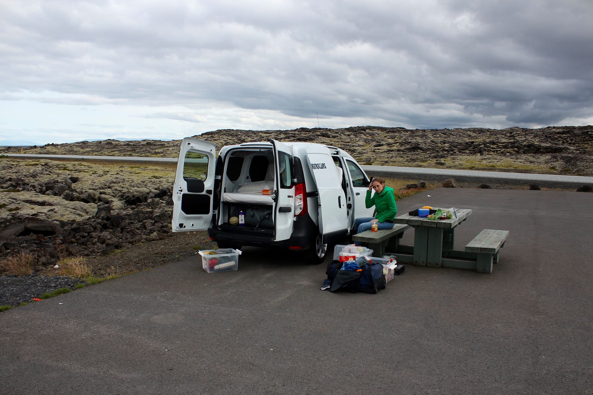 Our rented van in Iceland with bed and kitchen equipment that we drove around Iceland for two weeks to celebrate our honeymoon