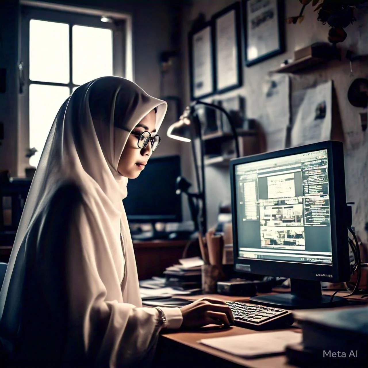 seorang wanita berjilbab memakai kacamata sedang mengedit video menggunakan aplikasi di laptop