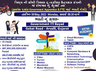 Hero MotoCorp Limited ITI Campus Placement For Apprentice & FTE Posts On 30th' May at Govt ITI Bayad, Gujarat