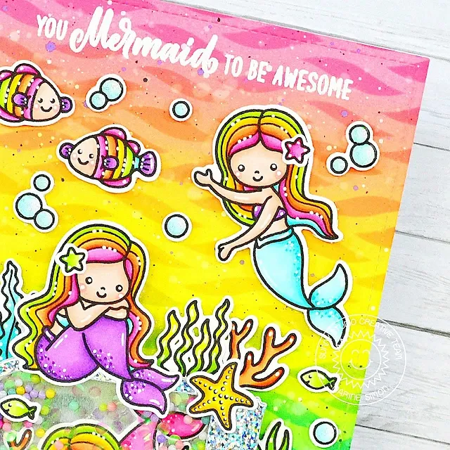 Sunny Studio Stamps: Mermaid Kisses Shaker Card by Marine Simon (featuring Magical Mermaids, Best Fishes, Summer Jar Mug Dies)